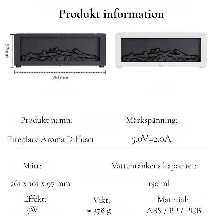 Elegant luftfuktare med LED-ljus och doftspridare i eldstadsliknande design.